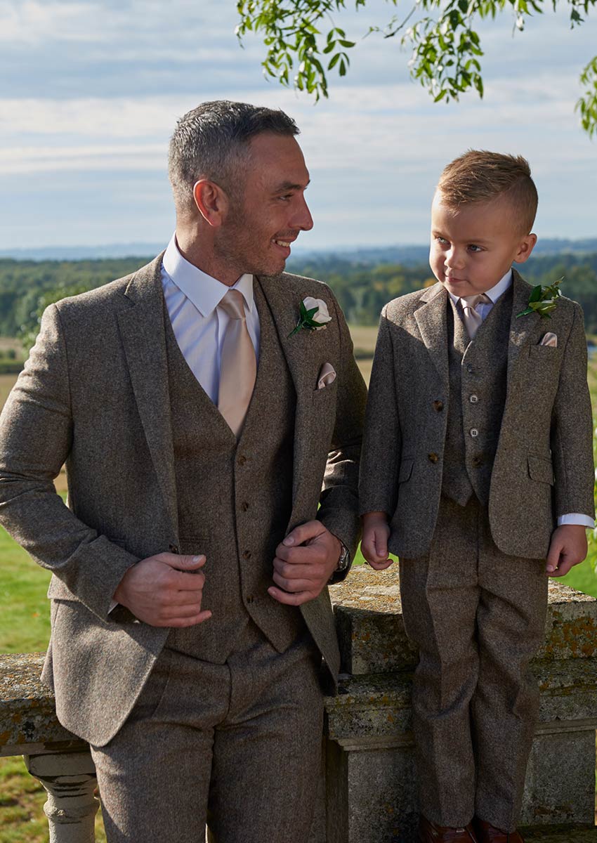 man and child, brown, tweed, tibberton, suit